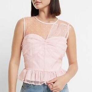 NWT EXPRESS Barbiecore pink tulle peplum top polka dot sheer 3245